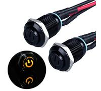 JIQI Lot de 2 boutons poussoirs étanches instantanés 12 V à 24 V 2 A IP66 avec éclairage LED Boîtier en métal noir Bouton poussoir momentané avec fils de connexion pour moto (tête haute, jaune)