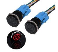JIQI Lot de 2 boutons pression Momentane étanches de 19 mm 12 V à 24 V 3 A avec éclairage LED Boîtier en métal noir pré-câblé pour voiture, bricolage, voiture, moto (rouge)