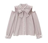 Jirai kei Lolita Mode cutecore vêtements Kawaii vêtements Chemisier Goth Chemise Femmes Dentelle Maille Pure Chemisier à Manches Longues (Violet,Grand)