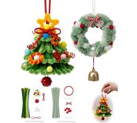 JIRVEX 2 Kits Décoration Noël à Assembler en Fil Chenille, Couronne et Mobile Vert, Fils Chenilles Loisir Creatif Rouge Vert, Kit DIY Fil de Chenille Noël, Cure Pipe Chenille à Suspendre