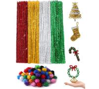 JIRVEX 250 Fils Chenille Glitter 30cm Rouge Vert Or Argent Avec Pompons 1cm Set Cure Pipe Chenille Noël Pour Loisirs Créatifs Décoration Fêtes DIY