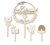 JIRVEX Lot de 5 Cake Toppers en bois pour décoration communion, première communion, confirmation, baptême pour garçons et filles