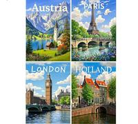 JISHSHAY 4 Pièces Ville Diamond Painting Rond Paysage Diamant Painting Perle Ronde Autriche Broderie Diamant Paris Bricolage Adulte London Kit Broderie Hollande Puzzle Adulte Point de Croix 30×40 cm