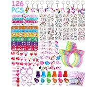 Jissta 126 PCS Kit Anniversaire Licorne Cadeau pour Fille, Bandeau Licorne Bracelets Chaîne de Clés Tampon Tatouage Marque-page Anneau Sac de Fête,Cadeau Anniversaire Enfants Invites