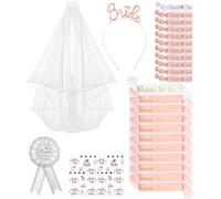Jissta 27PCS Enterrement de Vie de Jeune Fille Accessoire, EVJF Team Bride Accessoire, avec Voile Mariée, Bandeau Diadème, Badge, Future mariée en Team Bride Echarpe EVJF, Bracelets, Tatouage