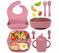 Jissta Assiettes en Silicone avec Ventouse pour bébé, lot de 8 couverts, bols, dossards, cuillères, fourchettes, gobelets à boire pour enfants sans BPA (Rose)