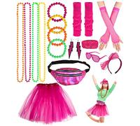 Jissta Deguisement Année 80 Femme Accessoire Fluo,jupe tutu pour adulte, jambières, gants en résille,Sac Banane,Lunette,Bandeau,Disco Costume Vetement Fête Néon Tutu Fluo, 1980 Costume De Fête