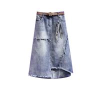 JITEM Jupe Longue en Denim à Bords Bruts irréguliers pour Femmes, décontractée, Taille Haute, Ligne A asymétrique, Grande Taille, Jupe en Jean Midi avec Ceinture