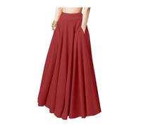 Jupe longue plissée de couleur unie pour femme, grande taille, taille haute, jupe trapèze fluide avec poches, Rouge, 48