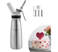 Jiubiaz Distributeur de crème en acier inoxydable Chantilly 500ml Siphon à crème avec 3 buses décoratives en acier inoxydable Distributeur de crème fouettée Pour les desserts Pâtisseries Crème, sauces