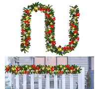 Jiubiaz Guirlande de Noël artificielle de 5 m - Vert - Avec 100 LED - Blanc chaud - Avec boules brillantes - Décoration de porte - Pour la maison, les escaliers, la porte d'entrée