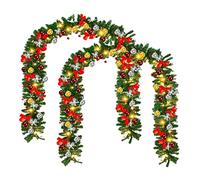 Jiubiaz Lot de 2 guirlandes de Noël artificielles de 5 m - Vert - Avec 100 LED - Blanc chaud - Avec boules brillantes - Décoration de porte - Pour la maison, les escaliers, la porte d'entrée