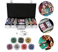 Jiubiaz Mallette de poker Kit de jetons de poker 300 jetons Tapis de jeu professionnel Alu Button Cash-Game Argent