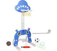 Jiubiaz Panier de basket pour enfants 4 en 1 Poteau de basket réglable en hauteur Installation de panier Aire de jeux But de football Golf Anneau de lancer Balles incluses
