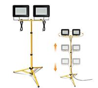 Jiubiaz Projecteur de Chantier LED Télescopique, 2x50W 4250LM Blanc Chaud avec Trépied Télescopique Réglable, Étanche IP66 pour l'intérieur et l'extérieur Chantier (Câble 1M, Sans prise)