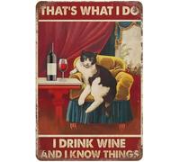 JIUFOTK Chat C'est ce que je fais Je bois du vin Drôle Nouveauté Métal Signe Rétro Pour Maison Portail Jardin Bars Restaurants Cafés Bureau Magasin Club Signe Cadeau Plaque Étain Signe 8x12 Pouces