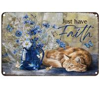 JIUFOTK Dieu en métal vintage Marguerite bleue Marguerite blanche Chat tigré orange Ayez simplement la foi Rustique Pour la maison Chambre Bar Café Club 8x12 pouces