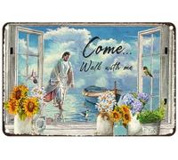 JIUFOTK Jésus marchant sur l'eau en métal vintage, viens marcher avec moi, rustique pour la maison, la chambre, le bar, le café, le club, 5,5 x 8 pouces