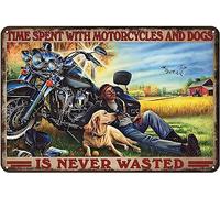 JIUFOTK Le temps passé avec les motos et les chiens n'est jamais perdu Cadeaux Drôle Décoration de salle de bain Art mural Café Bar Vintage Métal Étain Signe Bureau Maison Toilettes Pannea 6X8 pouces