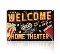 JIUFOTK Panneau mural rétro en métal pour cinéma, bienvenue dans notre cinéma maison, affiche vintage pour la maison, le café, les clubs, décoration de film, cadeau 8x12 pouces
