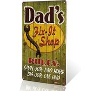 JIUFOTK Plaque de garage vintage en métal « Papa's Shop Need To Have Rules » : Petit travail, deux câlins, gros travail, un câlin, 14 x 20 cm