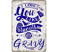JIUFOTK Plaque en métal avec citation humoristique « Je t'aime comme des biscuits et de la sauce » - Décoration murale rétro pour la maison, la cuisine, cadeau pour femmes et hommes 8x12 pouces