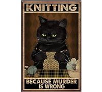 JIUFOTK Plaque en métal Kanni représentant un chat qui coud et tricote, affiche murale rétro avec fil à tricoter pour maison, ferme, magasin, garage, club, bar, cuisine, pub 8x12 pouces