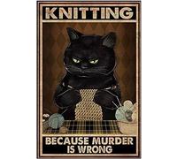 JIUFOTK Plaque en métal représentant un chat qui coud et tricote, affiche murale rétro avec fil à tricoter pour maison, ferme, magasin, garage, club, bar, cuisine, pub 8x12 pouces