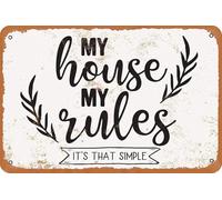 JIUFOTK Plaques décoratives rétro en métal « Ma maison, mes règles. C'est aussi simple que ça ». Plaque murale humoristique au look vintage. 8x12 pouces