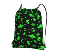 JIUFOTK Sac à dos décontracté à cordon coulissant avec poche zippée, motif planète extraterrestre verte, idéal pour la salle de sport et le quotidien.