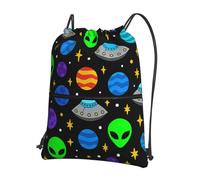 JIUFOTK Sac à dos décontracté à cordon de serrage avec motif de planètes extraterrestres et poche zippée, idéal pour la salle de sport et le quotidien.