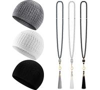 Jiuguva Lot de 6 Chapeaux Kufi pour Homme et Perles de prière Musulmanes Comprenant 3 Bonnets tricotés artisanaux, Une Casquette de taqiyah Extensible et 3 Tasbih 99 Perles, Cadeaux musulmans pour Le