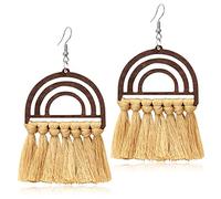 JIUIQL Boucles d'oreilles pendantes bohème faites à la main légères et colorées en bois arc-en-ciel avec pampilles en bois - Tissage à la main ethnique - Pour femme et adolescente - Bijoux vintage en
