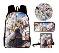 Jiumaocleu Fairy Tail Lot de 3 sacs d'école avec sac à bandoulière, trousse à crayons et 50 autocollants, sac d'école, sac à déjeuner, trousse à crayons et 50 autocollants pour bagages, sac d'école