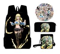 Jiumaocleu Fairy Tail Lot de 3 sacs d'école avec sac à bandoulière, trousse à crayons et 50 autocollants, sac d'école, sac à déjeuner, trousse à crayons et 50 autocollants pour bagages, sac d'école