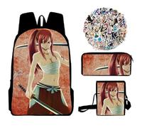 Jiumaocleu Fairy Tail Lot de 3 sacs d'école avec sac à bandoulière, trousse à crayons et 50 autocollants, sac d'école, sac à déjeuner, trousse à crayons et 50 autocollants pour bagages, sac d'école