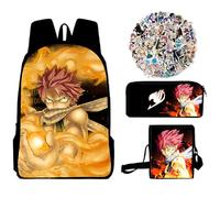 Jiumaocleu Fairy Tail Lot de 3 sacs d'école avec sac à bandoulière, trousse à crayons et 50 autocollants, sac d'école, sac à déjeuner, trousse à crayons et 50 autocollants pour bagages, sac d'école