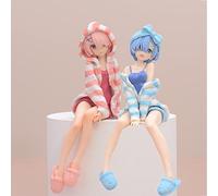 Jiumaocleu Rem and Ram Statue de nouilles avec bouchon de nouilles - Modèle Remu et Ramu assis - Sculpture de pose assise, décoration de bureau, cadeau de Noël et d'anniversaire pour garçons et filles