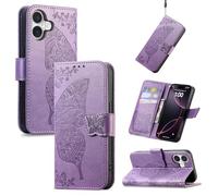 JIUNINE Coque Antichoc pour iPhone 17, Housse Premium Étui Portefeuille en Cuir PU avec Motif Papillon, Porte-Cartes, Support Réglable, Fermeture Magnétique, Pourpre