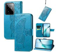 JIUNINE Coque Antichoc pour Realme GT 7 / Realme GT 7T, Housse Premium Étui Portefeuille en Cuir PU avec Motif Papillon, Porte-Cartes Intégré, Support Réglable, Fermeture Magnétique, Bleu