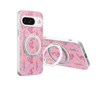 JIUNINE Coque pour Google Pixel 9 avec Support, Rose | Support anneau rotatif à 360°, anneau magnétique métallique, motifs de plantes et fleurs, anti-chocs, anti-chute, Étui