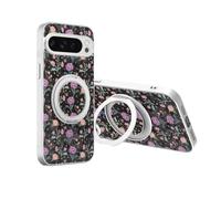 JIUNINE Coque pour Google Pixel 9 Pro XL avec Support, Noir | Support anneau rotatif à 360°, anneau magnétique métallique, motifs de plantes et fleurs, anti-chocs, anti-chute, Étui