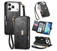 JIUNINE Coque pour iPhone 17 Pro, Antichoc Housse Étui Portefeuille Femme en Cuir PU avec Motif Fleurs et Feuilles en Relief, Porte-Cartes, Support Réglable, Fermeture Magnétique, Noir
