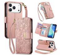 JIUNINE Coque pour iPhone 17 Pro Max, Antichoc Housse Étui Portefeuille Femme en Cuir PU avec Motif Fleurs et Feuilles en Relief, Porte-Cartes, Support Réglable, Fermeture Magnétique, Rose