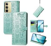 JIUNINE Coque pour Realme C71 / Realme C75 / Realme 14x, Antichoc Housse étui en Cuir PU Flip Case Portefeuille avec Motif de Chat de Dessin animé [Porte Carte] [Fermeture Magnétique], Vert