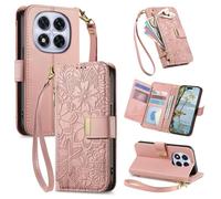 JIUNINE Coque pour Redmi Note 15 Pro 4G, Antichoc Housse Étui Portefeuille Femme en Cuir PU avec Motif Fleurs et Feuilles en Relief, Porte-Cartes, Support Réglable, Fermeture Magnétique, Rose