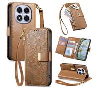 JIUNINE Coque pour Redmi Note 15 Pro 4G, Antichoc Housse Étui Portefeuille Femme en Cuir PU avec Motif Fleurs et Feuilles en Relief, Porte-Cartes, Support Réglable, Fermeture Magnétique, Marron