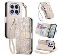 JIUNINE Coque pour Redmi Note 15 Pro 5G, Antichoc Housse Étui Portefeuille Femme en Cuir PU avec Motif Fleurs et Feuilles en Relief, Porte-Cartes, Support Réglable, Fermeture Magnétique, Blanc