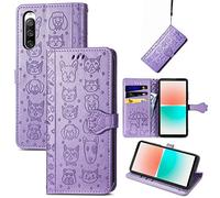 JIUNINE Coque pour Sony Xperia 10 V, Antichoc Housse étui en Cuir PU Flip Case Portefeuille avec Motif de Chat de Dessin animé [Porte Carte] [Fermeture Magnétique] pour Sony Xperia 10 V, Violet