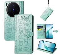 JIUNINE Coque pour Vivo X300 5G, Antichoc Housse étui en Cuir PU Flip Case Portefeuille avec Motif de Chat de Dessin animé [Porte Carte] [Fermeture Magnétique], Vert